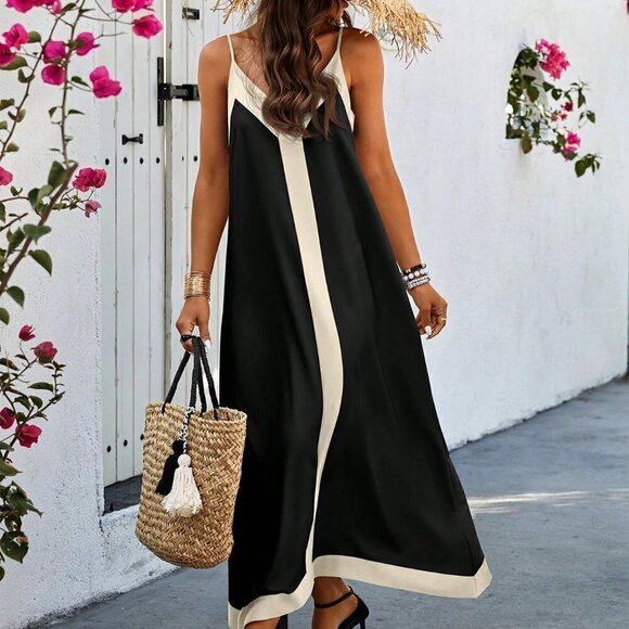 Black Casual Women's Colorblock Spaghetti Strap Dress - Picture 1 of 5